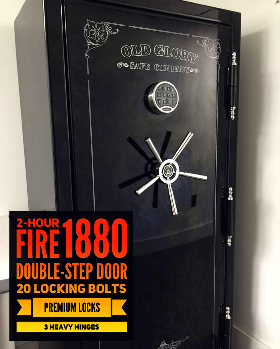 60 inch tall by 30 inch wide Old Glory gun safe locked in gloss black fully loaded